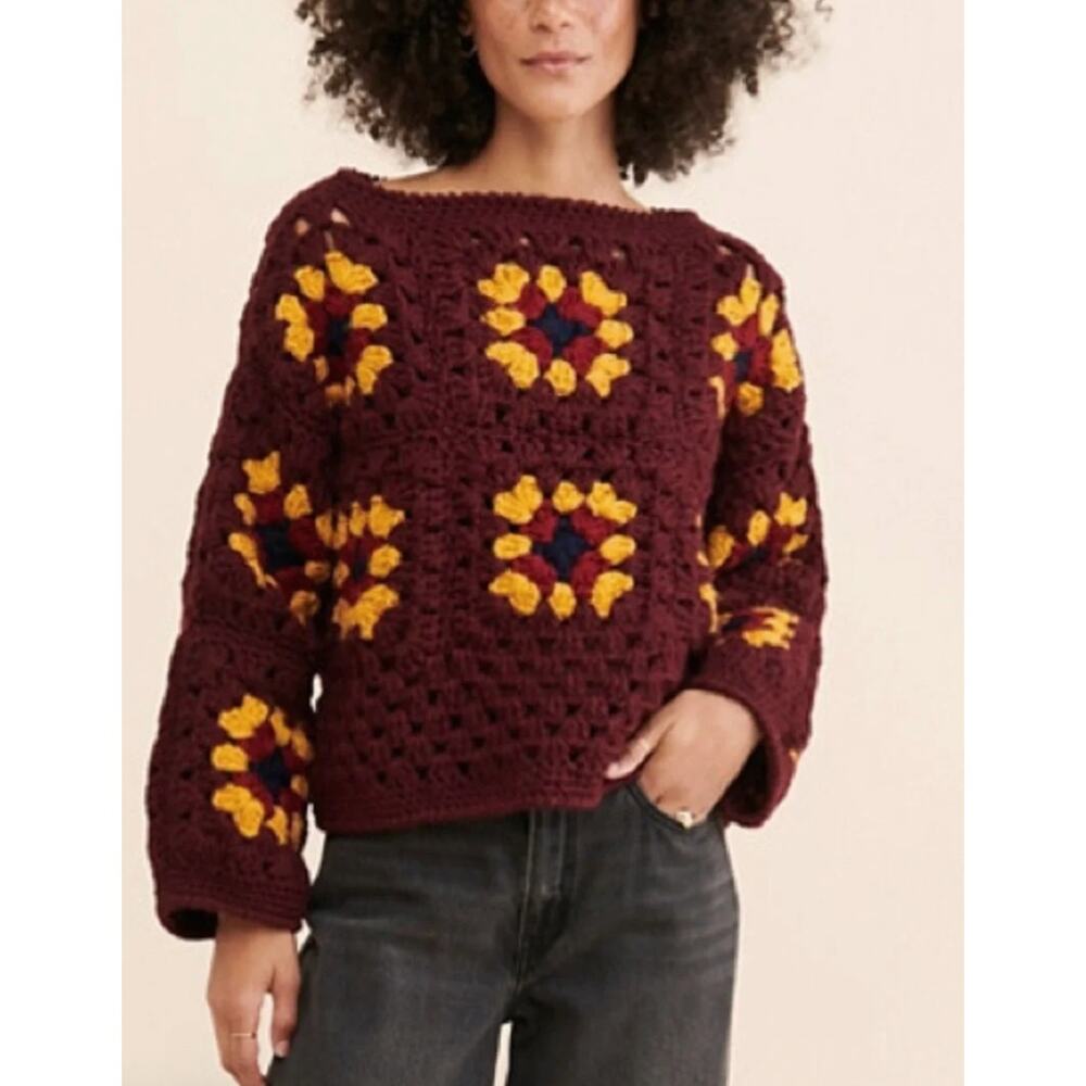 Society Mano Crochet Sweater Granny Square Boho Pullover Red